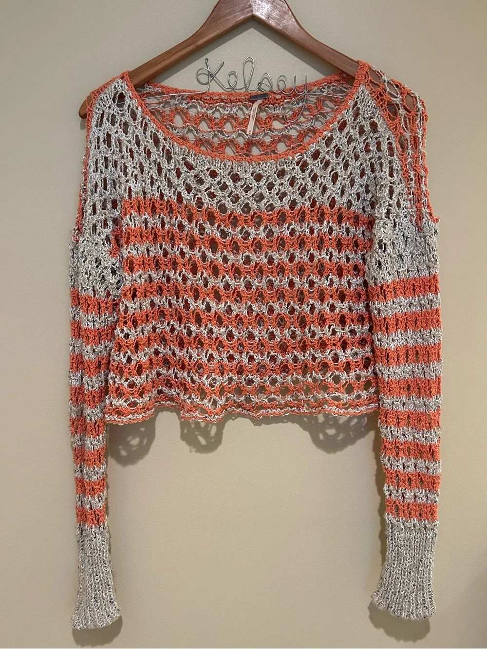 Free People Cream and Orange Crochet Open-Knit Cropped Boho Sweater Size M